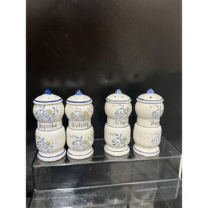 Vintage 1950s Arnart Blue Onion Spice Floral Ceramic Spice‎ Shaker Set 4pc